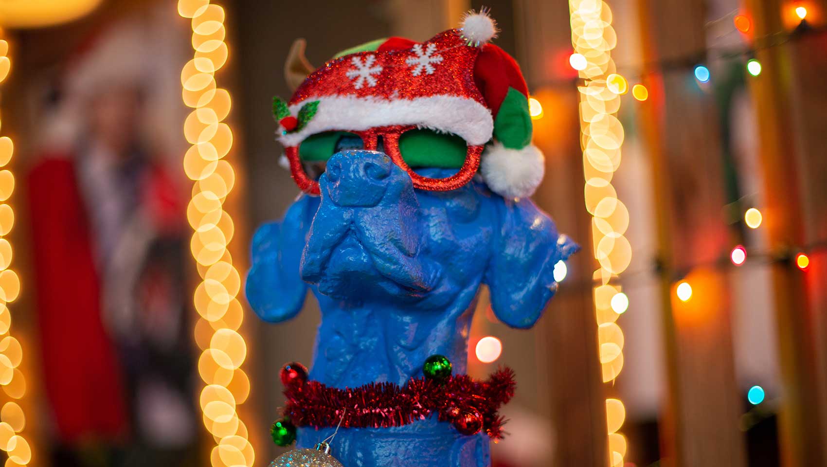 Blue Hound Kitchen Dog Mascot in Holiday Gear