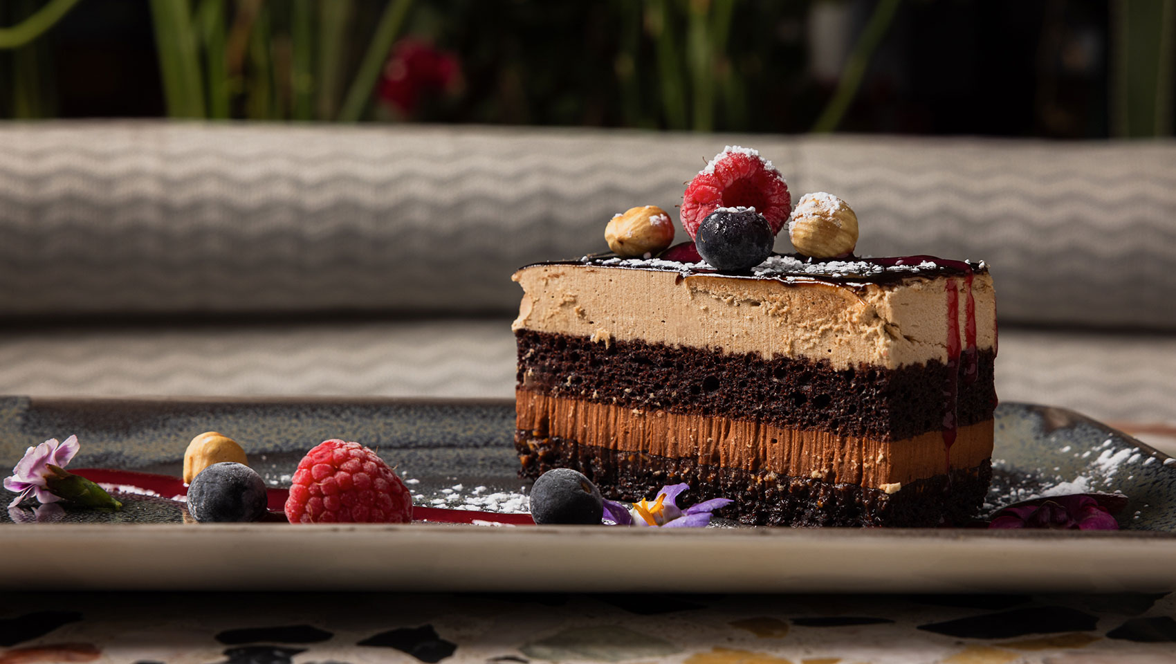 Chocolate cake slice with berries