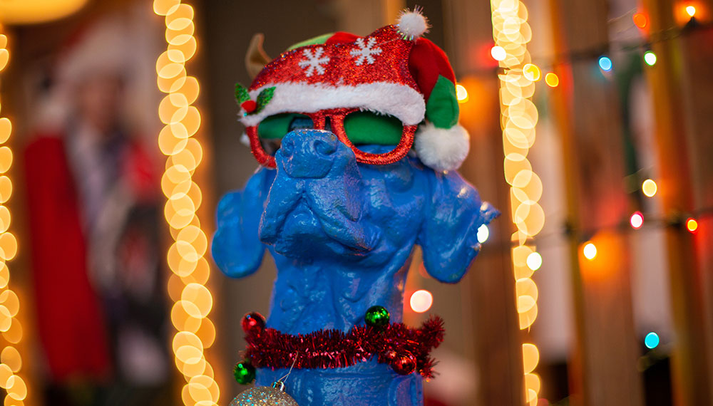 Blue Hound Kitchen Mascot in Holiday Gear